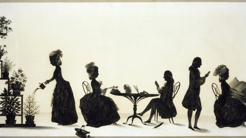 A piece of silhouette art showing plan pots on stands, with a woman watering them. Others are reading or playing the harpsichord.